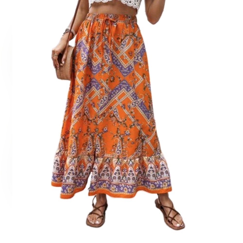 Maxi Skirt Orange Paisley Bohemian Style Fall Colors Skirts Outfit - Picture 2 of 8